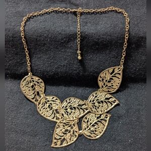 Gold Tone Leaf Design Bib Style Statement Necklace